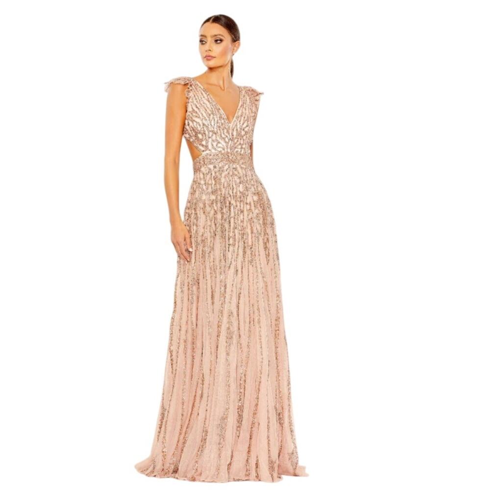NWT Mac Duggal Sequined Cap Sleeve Cut Out A Line Gown, Apricot Peach, 8, 498$